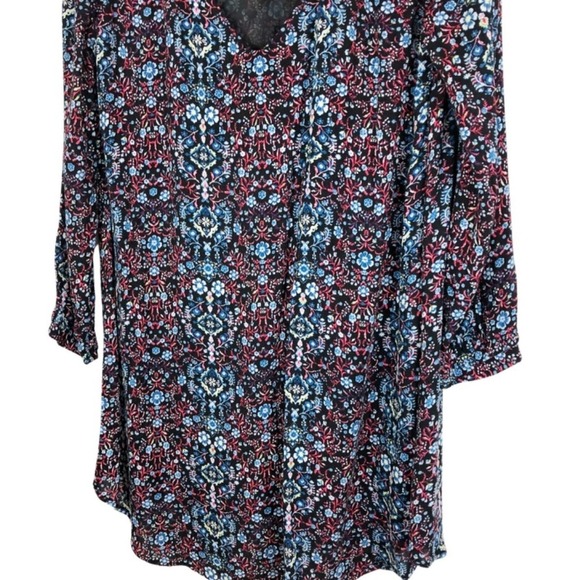 Lush Womens Black Floral V-Neck Cutout Back Long Sleeve Tunic Dress - Picture 15 of 16